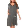 image:imageSWOMOG Womens Zip Up Housecoat Zipper Front Robe Lightweight Bathrobe Short Sleeve Loungewear Nightgowns with PocketsFlecking Gray