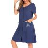 image:imageSWOMOG Womens Zip Up Housecoat Zipper Front Robe Lightweight Bathrobe Short Sleeve Loungewear Nightgowns with PocketsNavy Blue