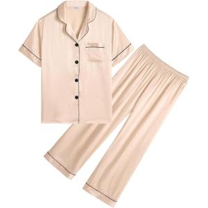 image:imageSWOMOG Girls Boys Silk Satin Pajamas Set ButtonDown TwoPiece PJs Lounge Sets with Long PantsChampagne