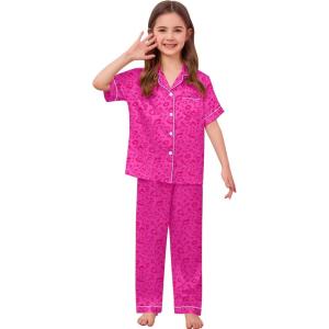 image:imageSWOMOG Girls Boys Silk Satin Pajamas Set ButtonDown TwoPiece PJs Lounge Sets with Long PantsHot Pink Leopard