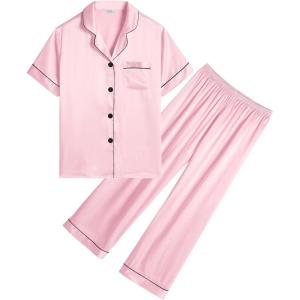 image:imageSWOMOG Girls Boys Silk Satin Pajamas Set ButtonDown TwoPiece PJs Lounge Sets with Long PantsPink
