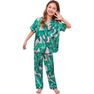 image:imageSWOMOG Girls Boys Silk Satin Pajamas Set ButtonDown TwoPiece PJs Lounge Sets with Long PantsPink Leaves