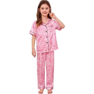image:imageSWOMOG Girls Boys Silk Satin Pajamas Set ButtonDown TwoPiece PJs Lounge Sets with Long PantsPink Leopard