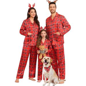 image:imageSWOMOG Matching Family Pajamas Set Women amp Men amp Kids Silk Satin Pjs 2 Pcs Long Sleeve Button Down Sleepwear with 2 PocketsKids Christmas Red Plaid 120Age for 67Y