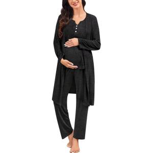 image:imageSWOMOG Maternity Nursing Pajamas Sets 3 PCS Women Postpartum Pajama Breastfeeding 3 in 1 Labor Delivery Button Pregnancy PjsBlack Grey