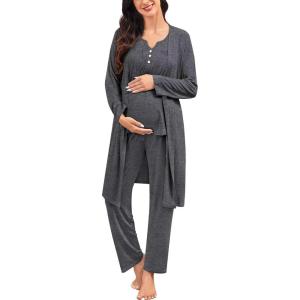 image:imageSWOMOG Maternity Nursing Pajamas Sets 3 PCS Women Postpartum Pajama Breastfeeding 3 in 1 Labor Delivery Button Pregnancy PjsDeep Grey