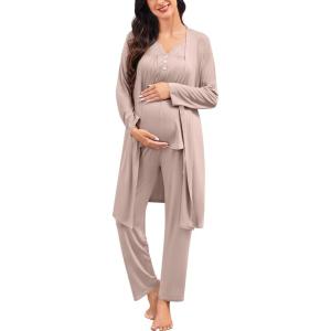 image:imageSWOMOG Maternity Nursing Pajamas Sets 3 PCS Women Postpartum Pajama Breastfeeding 3 in 1 Labor Delivery Button Pregnancy PjsLight Brown