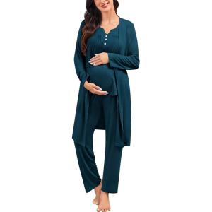 image:imageSWOMOG Maternity Nursing Pajamas Sets 3 PCS Women Postpartum Pajama Breastfeeding 3 in 1 Labor Delivery Button Pregnancy PjsOxford Blue