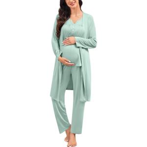 image:imageSWOMOG Maternity Nursing Pajamas Sets 3 PCS Women Postpartum Pajama Breastfeeding 3 in 1 Labor Delivery Button Pregnancy PjsSage Green