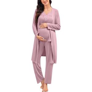 image:imageSWOMOG Maternity Nursing Pajamas Sets 3 PCS Women Postpartum Pajama Breastfeeding 3 in 1 Labor Delivery Button Pregnancy PjsTaro Purple