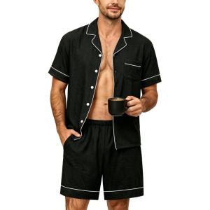 image:imageSWOMOG Men Pajama Set Short Sleeve Summer Pjs Button Down Sleepwear Soft Pajama Shorts 2 Piece Loungewear with PocketsBlack