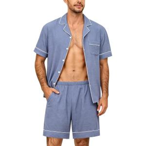 image:imageSWOMOG Men Pajama Set Short Sleeve Summer Pjs Button Down Sleepwear Soft Pajama Shorts 2 Piece Loungewear with PocketsBlue