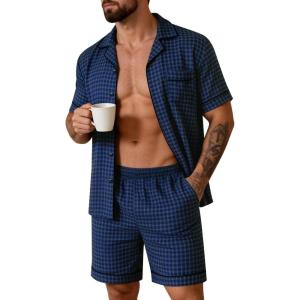 image:imageSWOMOG Men Pajama Set Short Sleeve Summer Pjs Button Down Sleepwear Soft Pajama Shorts 2 Piece Loungewear with PocketsBlue Black Plaid