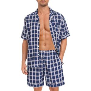 image:imageSWOMOG Men Pajama Set Short Sleeve Summer Pjs Button Down Sleepwear Soft Pajama Shorts 2 Piece Loungewear with PocketsBlue White Plaid