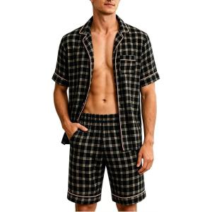 image:imageSWOMOG Men Pajama Set Short Sleeve Summer Pjs Button Down Sleepwear Soft Pajama Shorts 2 Piece Loungewear with PocketsBrown Plaid