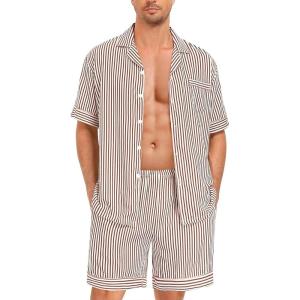image:imageSWOMOG Men Pajama Set Short Sleeve Summer Pjs Button Down Sleepwear Soft Pajama Shorts 2 Piece Loungewear with PocketsBrown White Stripes