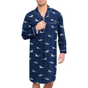 image:imageSWOMOG Mens Nightgown Long Sleeve Sleep Shirt Big amp Tall Nightshirt Button Down Pajama Comfy Nightwear MXXXLBlue Shark