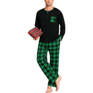 image:imageSWOMOG Mens Pajamas Set Long Sleeve Mens Sleepwear Pj Sets Henley Shirts and Pants Soft 2 Pcs Lounge Sets with PocketsBlack Green Grid