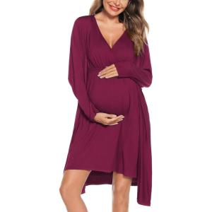 image:imageSWOMOG Women Maternity Nursing Gown and Robe Set 3 in 1 Labor Delivery Nursing Nightgown for Breastfeeding Hospital BathrobeWineberry