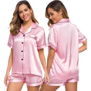 image:imageSWOMOG Women Pajamas Set Silk Satin Short Sleeve Sleepwear Button Down Loungewear Pjs Rose Pink