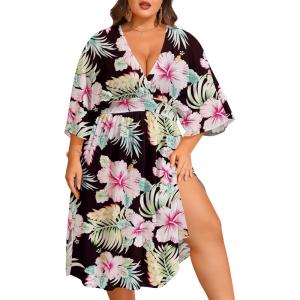 image:imageSWOMOG Women Plus Size Cover Ups Swimsuit VNeck Batwing Sleeve Pleated Waist Cover Ups Chiffon Summer Bikini BathingBlack Green Flower