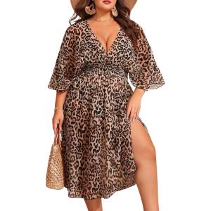 image:imageSWOMOG Women Plus Size Cover Ups Swimsuit VNeck Batwing Sleeve Pleated Waist Cover Ups Chiffon Summer Bikini BathingBlack Leopard