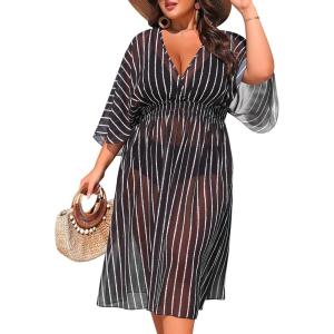 image:imageSWOMOG Women Plus Size Cover Ups Swimsuit VNeck Batwing Sleeve Pleated Waist Cover Ups Chiffon Summer Bikini BathingBlack Stripe
