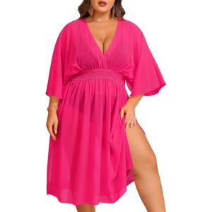 image:imageSWOMOG Women Plus Size Cover Ups Swimsuit VNeck Batwing Sleeve Pleated Waist Cover Ups Chiffon Summer Bikini BathingRose Red
