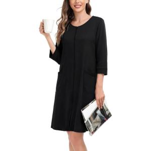 image:imageSWOMOG Women Zip Up Robe 34 Sleeve Housecoat Soft Cotton Zipper Front Nightgown Loungewear with PocketsBlack
