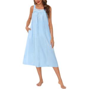 image:imageSWOMOG Womens Cotton Nightgowns Sleeveless Night Gown Embroidery House Dress Soft Long Nightdress with PocketsBlue