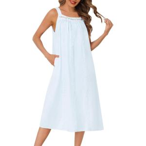 image:imageSWOMOG Womens Cotton Nightgowns Sleeveless Night Gown Embroidery House Dress Soft Long Nightdress with PocketsLight Blue