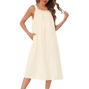 image:imageSWOMOG Womens Cotton Nightgowns Sleeveless Night Gown Embroidery House Dress Soft Long Nightdress with PocketsLight Yellow