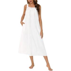 image:imageSWOMOG Womens Cotton Nightgowns Sleeveless Night Gown Embroidery House Dress Soft Long Nightdress with PocketsWhite
