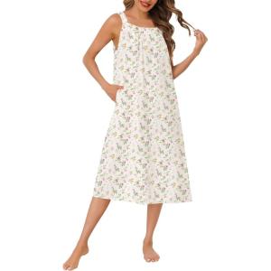 image:imageSWOMOG Womens Cotton Nightgowns Sleeveless Night Gown Embroidery House Dress Soft Long Nightdress with PocketsWhite Floral