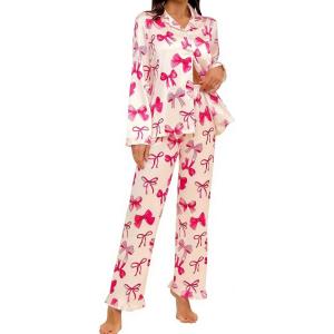 image:imageSWOMOG Womens Long Sleeve Pajamas Set 2 Piece Silk Button Down Pjs with Pants Floral Printed Classic Soft LoungewearApricot Pink Bow