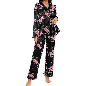 image:imageSWOMOG Womens Long Sleeve Pajamas Set 2 Piece Silk Button Down Pjs with Pants Floral Printed Classic Soft LoungewearBlack Large Flower