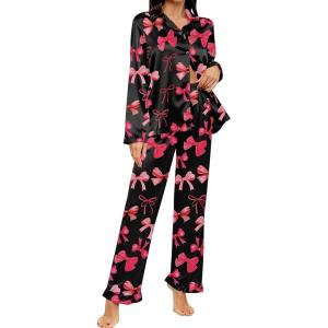 image:imageSWOMOG Womens Long Sleeve Pajamas Set 2 Piece Silk Button Down Pjs with Pants Floral Printed Classic Soft LoungewearBlack Pink Bow
