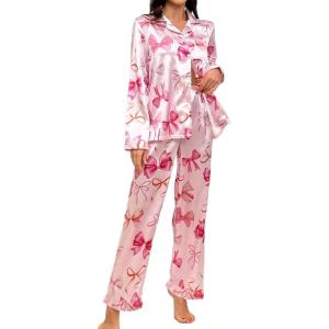 image:imageSWOMOG Womens Long Sleeve Pajamas Set 2 Piece Silk Button Down Pjs with Pants Floral Printed Classic Soft LoungewearPink Pink Bow