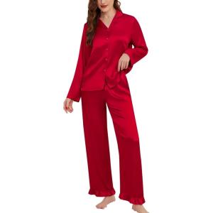 image:imageSWOMOG Womens Long Sleeve Pajamas Set 2 Piece Silk Button Down Pjs with Pants Floral Printed Classic Soft LoungewearRed