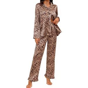 image:imageSWOMOG Womens Long Sleeve Pajamas Set 2 Piece Silk Button Down Pjs with Pants Floral Printed Classic Soft LoungewearWavy Leopard