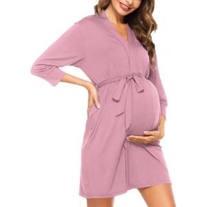image:imageSWOMOG Womens Maternity Nursing Robe Pregnancy Breastfeeding Bathrobes 3 in 1 Labor Delivery NightgownsZ34 Sleeve Taro Purple
