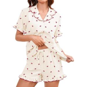 image:imageSWOMOG Womens Pajama Sets Cute Ruffle Matching PJs Sleepwear Button Down Short Sleeve Loungewear 2 Piece PJ SetBeige Cherry