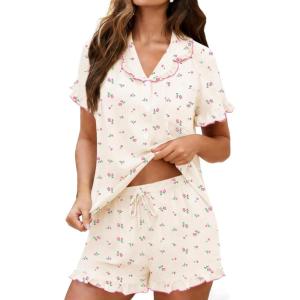 image:imageSWOMOG Womens Pajama Sets Cute Ruffle Matching PJs Sleepwear Button Down Short Sleeve Loungewear 2 Piece PJ SetBeige Flower