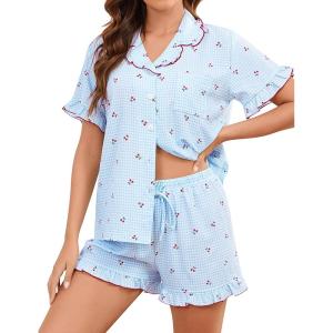 image:imageSWOMOG Womens Pajama Sets Cute Ruffle Matching PJs Sleepwear Button Down Short Sleeve Loungewear 2 Piece PJ SetBlue Plaid Cherry