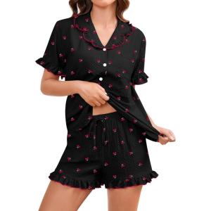 image:imageSWOMOG Womens Pajama Sets Cute Ruffle Matching PJs Sleepwear Button Down Short Sleeve Loungewear 2 Piece PJ SetCherry Black