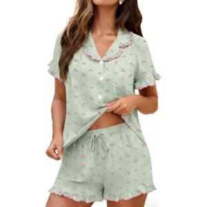 image:imageSWOMOG Womens Pajama Sets Cute Ruffle Matching PJs Sleepwear Button Down Short Sleeve Loungewear 2 Piece PJ SetGreen Flower
