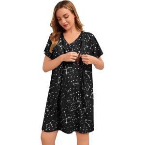 image:imageSWOMOG Nursing Nightgown 3 in 1 Labor and Delivery Hospital Gown Maternity Dress Short Sleeve Birthing Robe for BreastfeedingBlack Star