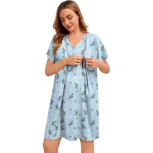 image:imageSWOMOG Nursing Nightgown 3 in 1 Labor and Delivery Hospital Gown Maternity Dress Short Sleeve Birthing Robe for BreastfeedingBlue White Flowers