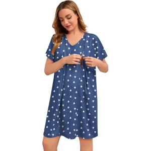 image:imageSWOMOG Nursing Nightgown 3 in 1 Labor and Delivery Hospital Gown Maternity Dress Short Sleeve Birthing Robe for BreastfeedingNavy Blue Heart