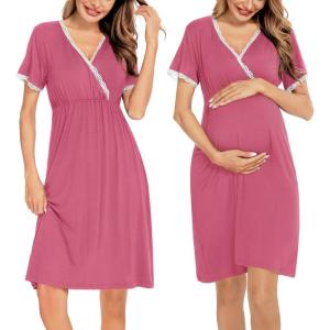image:imageSWOMOG Women 3 in 1 DeliveryLaborNursing Nightgown Short Sleeve Pleated Maternity Sleepwear for BreastfeedingCoral Short Sleeve